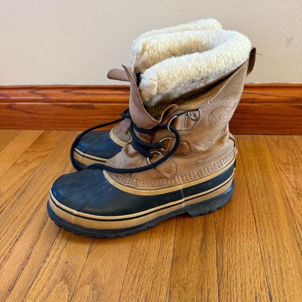 SOREL Caribou Tan Leather Black Rubber Insulated Winter Snow Boots Womens 8